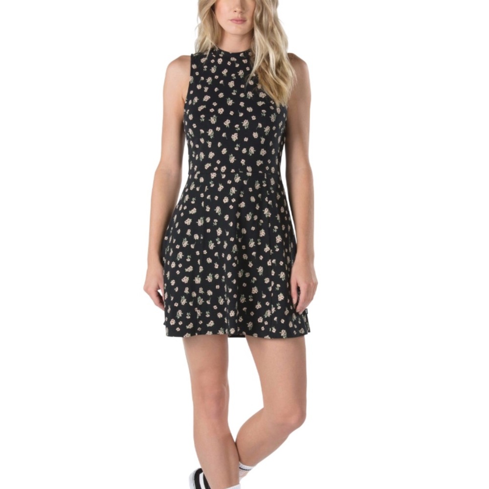 Vans black pink floral print high neck fit & flare skater tank dress